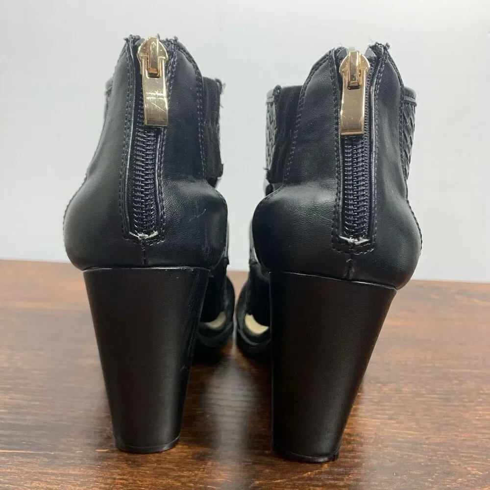 C est 1946 Women's Leather Zip Up Open Toe Ankle Block Heel Boots Black Size 6